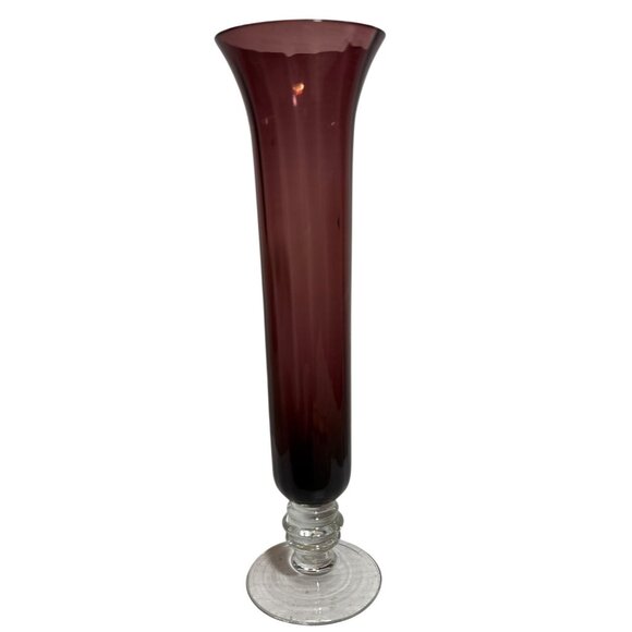 Glass Bud Vase Amethyst Purple With Clear Pedestal Base Elegant Flared Design 10 - Picture 1 of 7